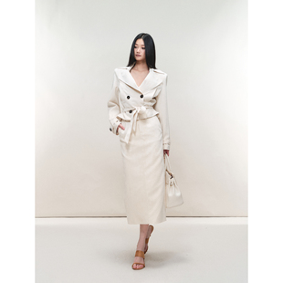 PEMPL白色麂皮无弹宽松系带收腰翻领宽松外套修身 包臀半身裙套装