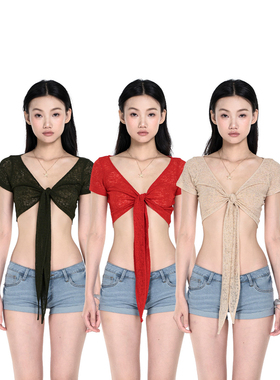 PEMPL 三色系带露脐轻薄透气镂空网纱微透上衣修身弹力针织小开衫