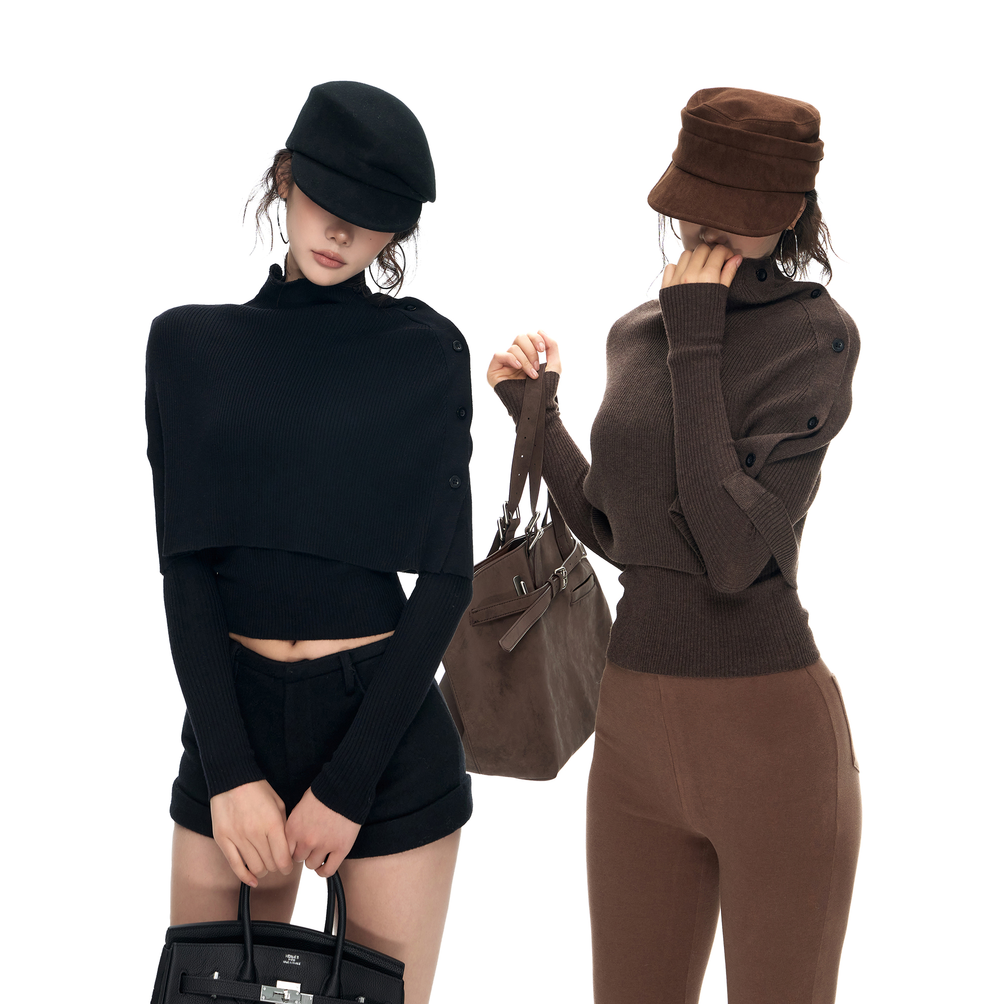 PEMPL 棕/黑 毛针织披肩法式高领荡领两穿高弹保暖披肩羊毛上衣