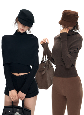 PEMPL 棕/黑 毛针织披肩法式高领荡领两穿高弹保暖披肩羊毛上衣