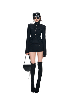 PEMPL 黑色立领垫肩羊毛上衣修身工装风毛呢外套女低腰短裤套装