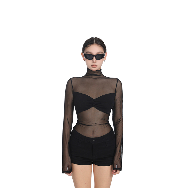 长袖欧美薄款网纱女打底衫