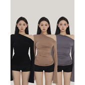 不规则斜肩设计多巴胺长袖 PEMP 上衣 新款 三色百搭款 打底衫 女春季