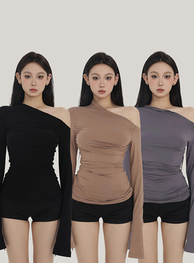 PEMP 打底衫女春季新款三色百搭款 不规则斜肩设计多巴胺长袖上衣