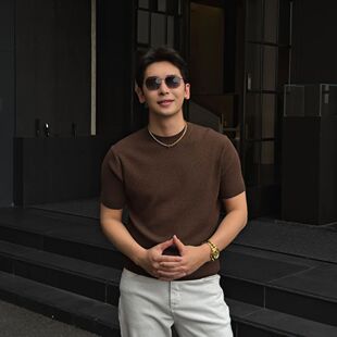 桑蚕丝夏季重磅百搭清爽透气圆领老钱风针织衫短袖男T恤潮流上衣