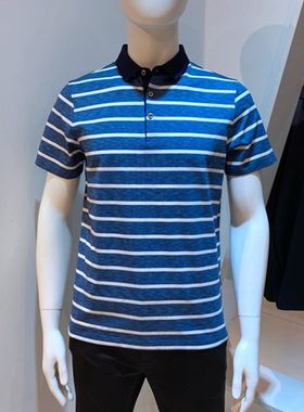 正品 法莱凯帝 FLAKODE夏装薄款 蓝灰色条纹 休闲百搭男士短袖T恤