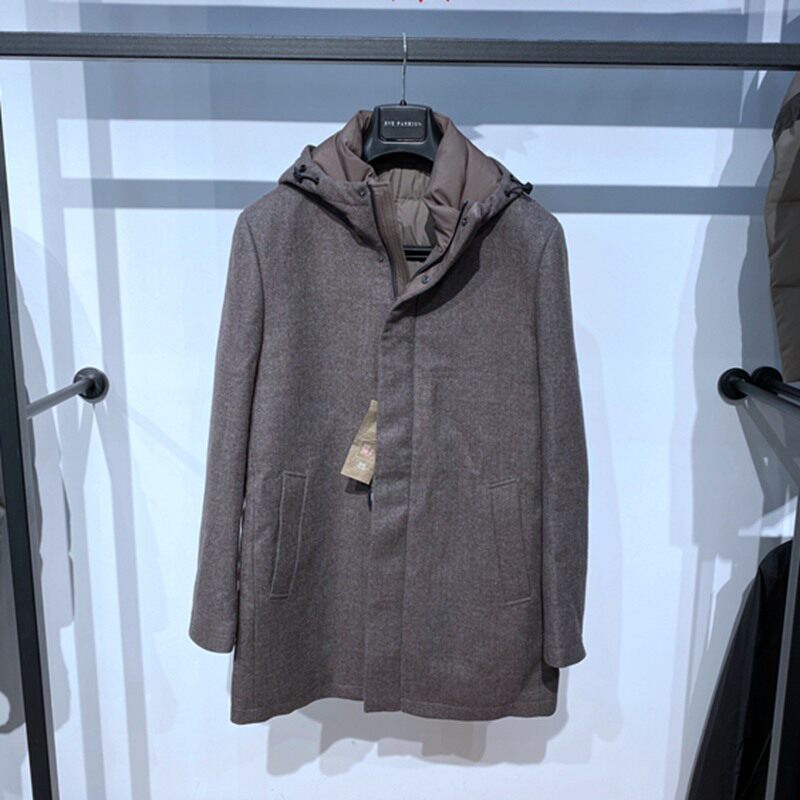 依文咖啡色连帽白鹅绒男士羽绒服