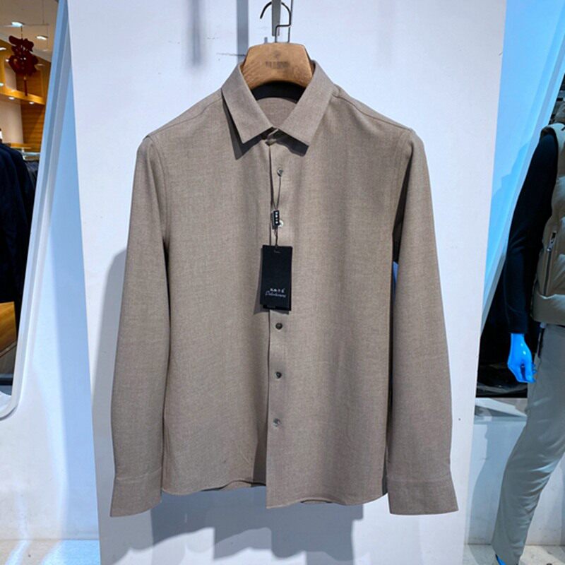 春秋装 绒面质感 浅蓝 驼色 百搭休闲 男士长袖衬衫