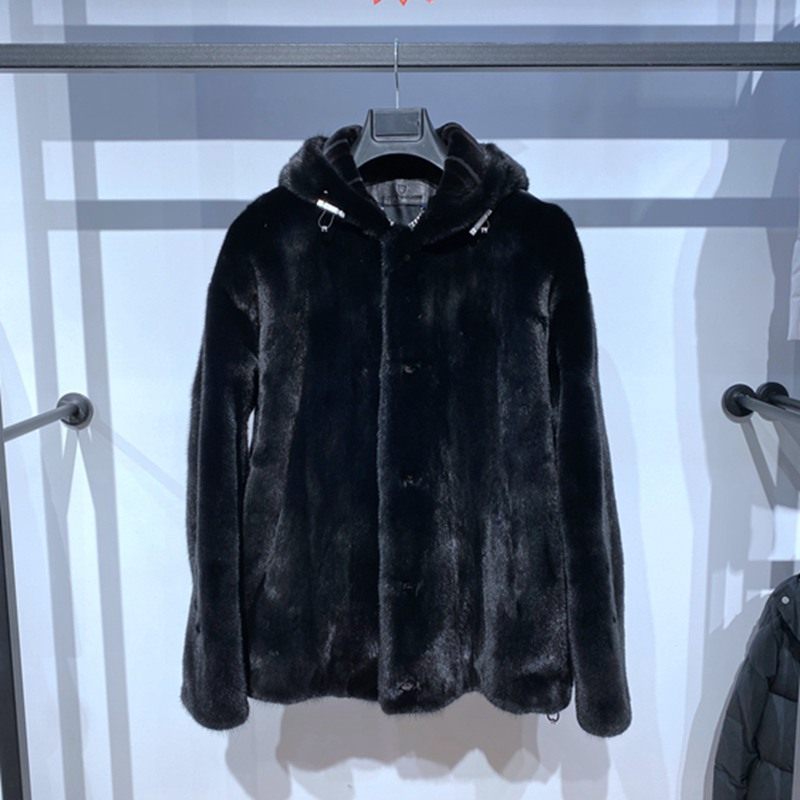 冬装黑色连帽水貂男士皮草裘皮