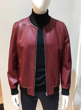 羊皮红色无里衬棒球领男士皮衣