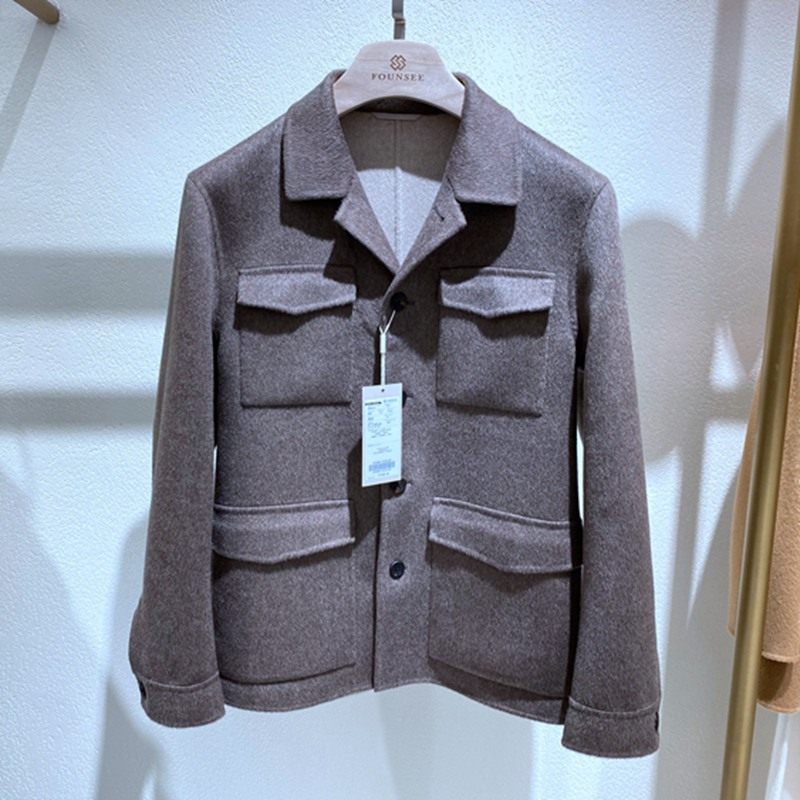 秋冬新品 驼咖色翻领 牛角扣单排扣 山羊绒牦牛绒 双面尼男士茄克
