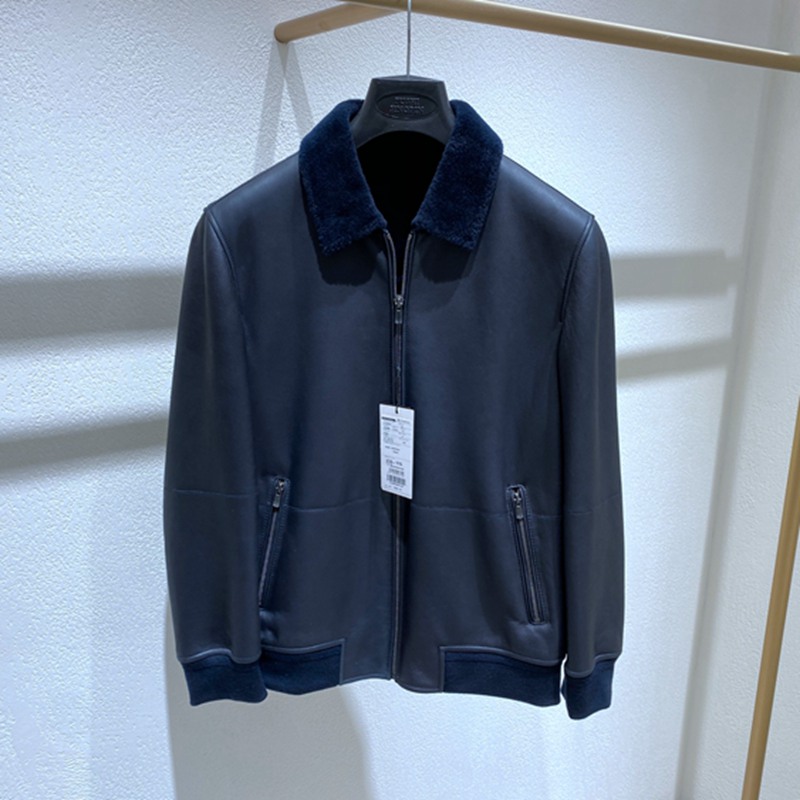 冬装蓝色翻领羊皮毛一体男士皮衣
