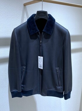 冬装 蓝色 翻领拉链 羊皮毛一体 真皮草 保暖百搭通勤 男士皮衣