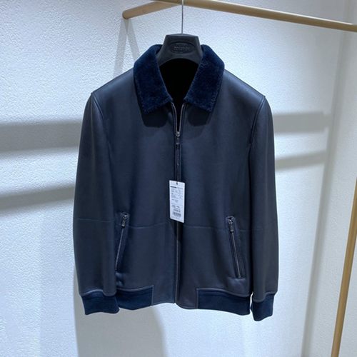 冬装蓝色翻领羊皮毛一体男士皮衣