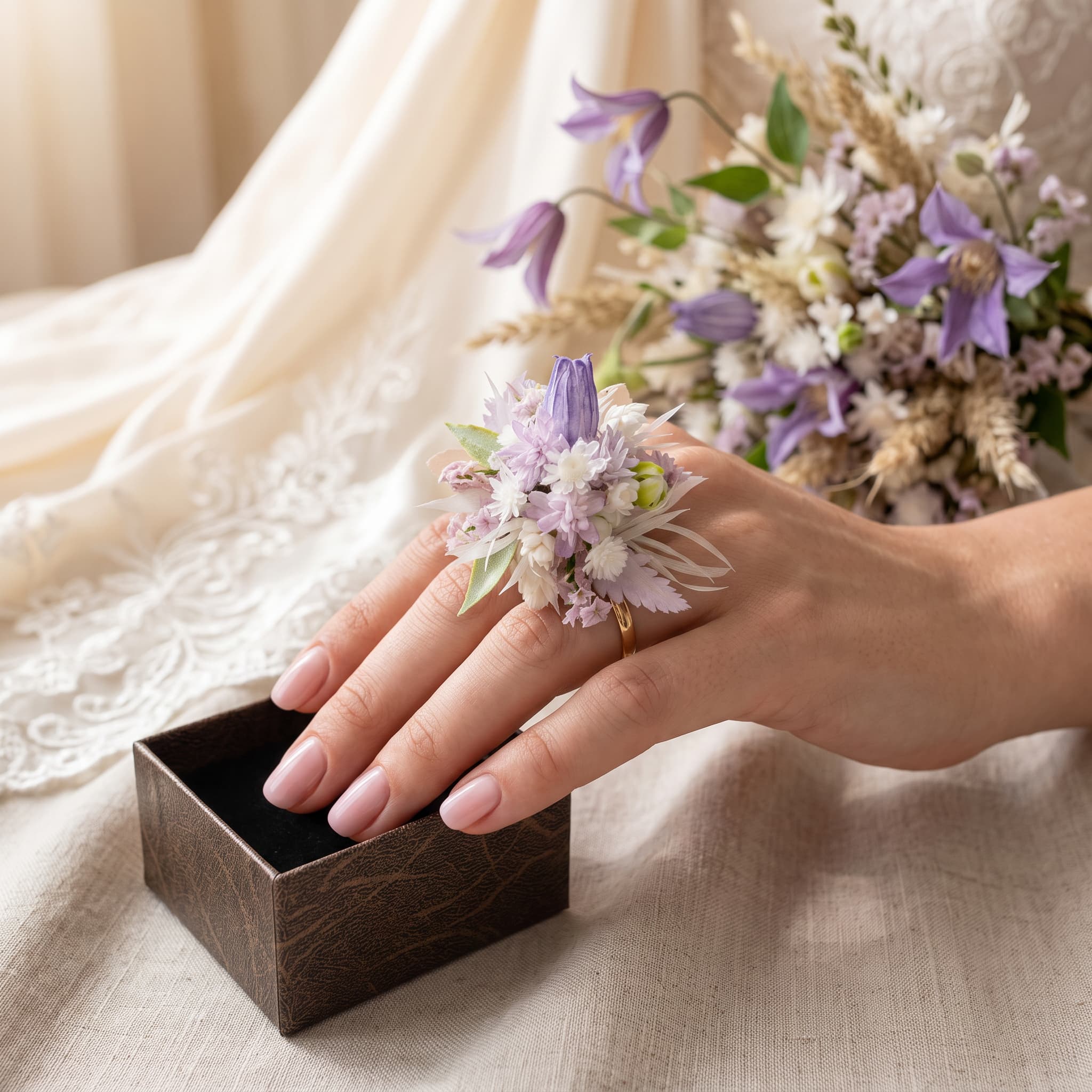 紫白永生花戒指新娘婚礼手饰图片