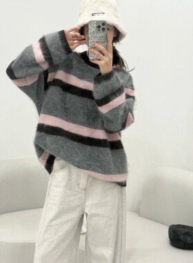 Zyx001相约春天2026春季山羊绒拉绒宽松条纹圆领绵羊毛拉毛上衣女