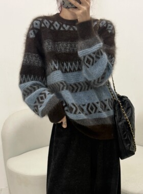 Zyx001 蓝调粉调 山羊绒绵羊毛撞色费尔岛毛衣女冬款