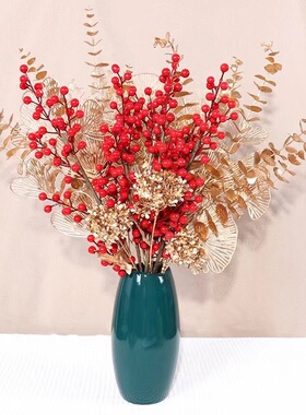 金色尤加利叶仿真银杏叶红色发财果年宵花福桶材料配件客厅插花