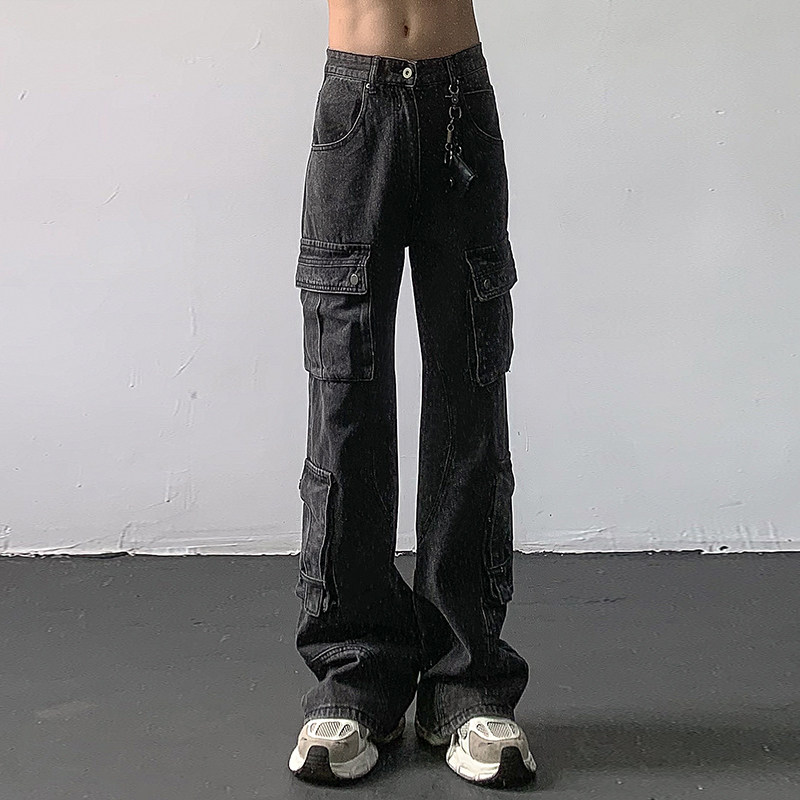 Street重工炮弹直筒牛仔裤男美式多口袋工装设计宽松休闲微喇叭裤