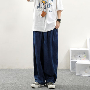 子潮 男女复古街头水洗直筒宽松灯笼长裤 日系深蓝色阔腿工装 牛仔裤