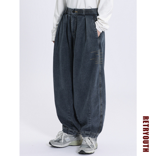裤 女宽松阔腿工装 男复古潮流做旧蓝坠感长裤 retroyouth日系牛仔裤