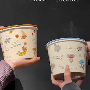 猫和老鼠陶瓷碗可爱卡通带盖沙拉碗学生宿舍大容量泡面嗦粉专用碗