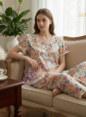 欣琦丝正品新款碎花短袖长裤家居服女蕾丝花边甜美睡衣套装11520