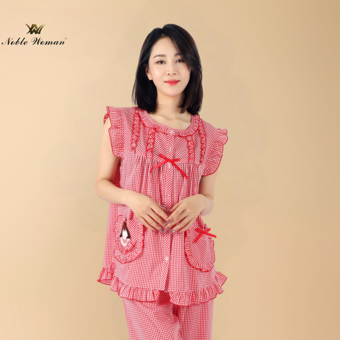 贵夫人纯棉背心七分裤格子夏圆领印花甜美对襟青年家居服常规睡衣