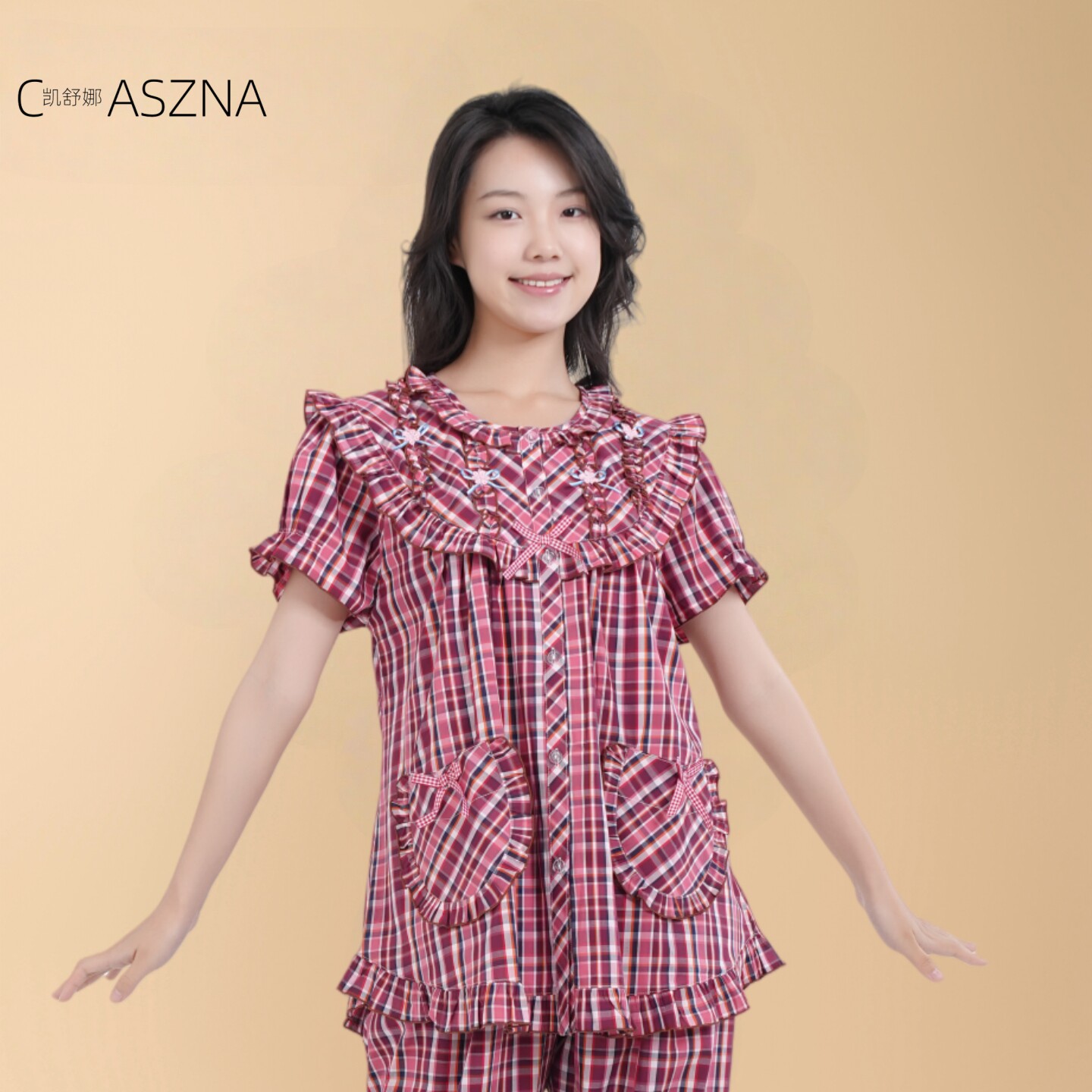 凯舒娜女士100%纯棉青年薄经典格子休闲对襟夏季舒适短袖长裤套装