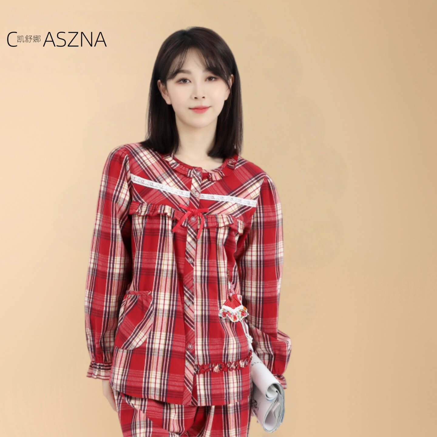 凯舒娜新款睡衣亲肤秋冬女士纯棉套装家居服格子舒适亲肤长袖长裤