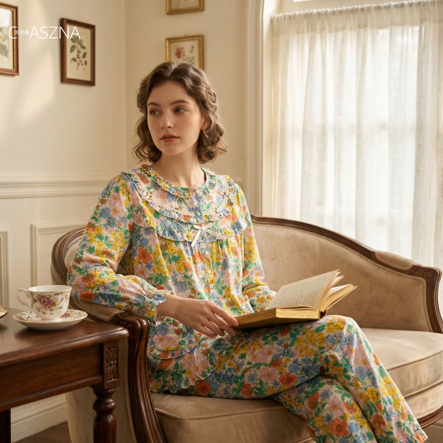 凯舒娜睡衣纯棉新款冬季磨毛女士印厚款美对襟家居服红绿长袖长裤