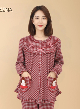 凯舒娜睡衣纯棉新款秋季格子女款印花甜美对襟家居服红色长袖长裤