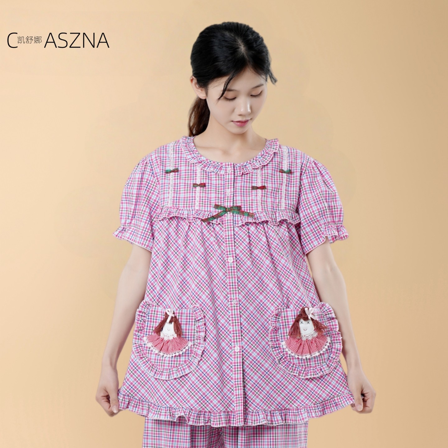 凯舒娜女士100%纯棉青年薄经典格子清爽休闲对襟夏季舒适短袖长裤