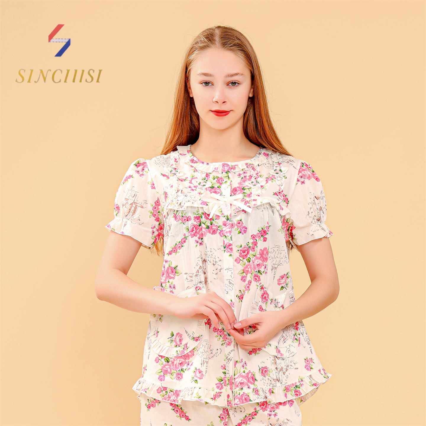 欣琦丝睡衣100%纯棉碎花短袖长裤