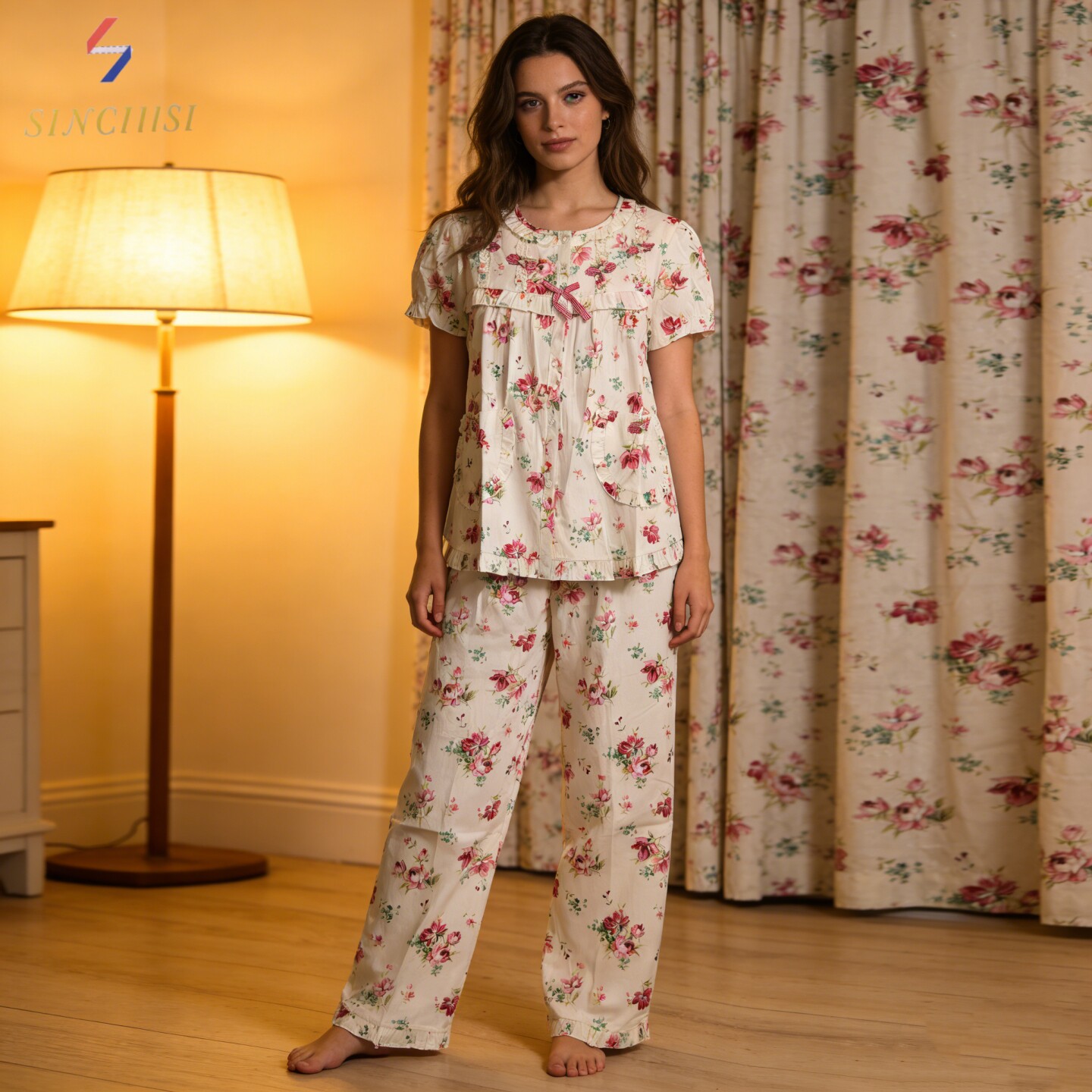 欣琦丝纯棉睡衣女夏季短袖长裤套装薄款宽松全棉透气休闲家居服