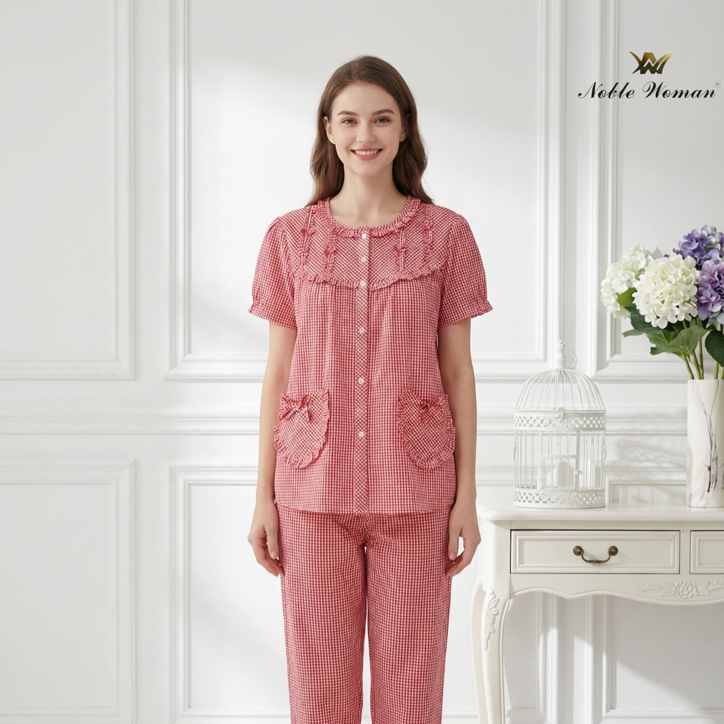 贵夫人红色大码睡衣夏季女士纯棉家居服套装格子舒适时尚短袖短裤