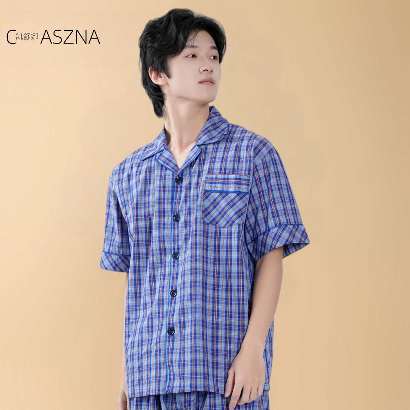 凯舒娜100%纯棉睡衣宽松夏季男士格子纯棉舒适家居服套装短袖长裤