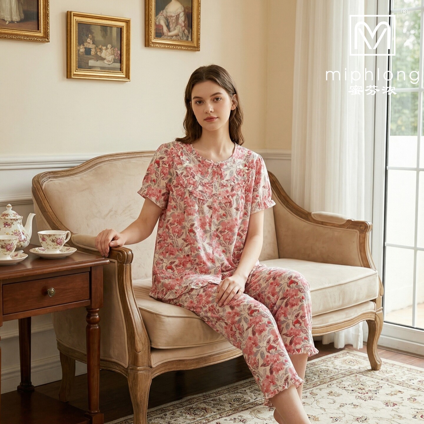 蜜芬浓2025短袖集合女士纯棉红色印花青年薄款圆领舒服短袖长裤