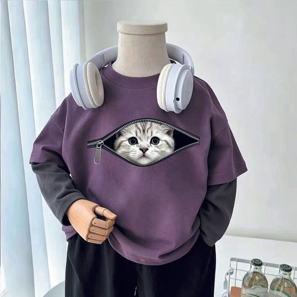 男童长袖t恤小猫印花秋季薄款纯棉衣服假两件中大童春秋装宝宝潮t
