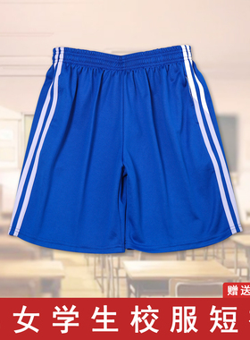 宝蓝色校服裤子两条杠短裤男女夏季蓝色五分裤两道杠中小学生校裤