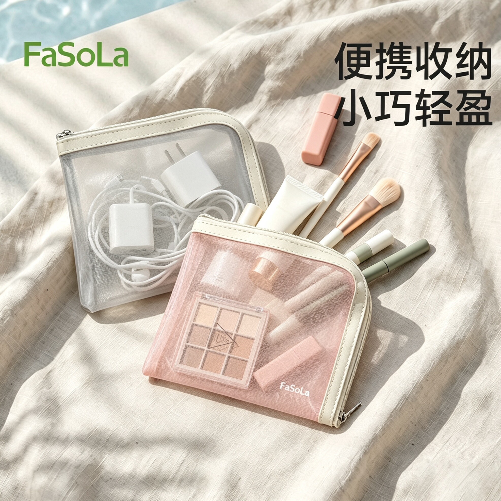 透气网纱布袋美妆护肤品便携收纳袋充电器耳机线充电宝出门整理袋