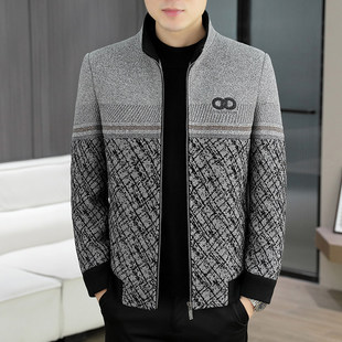 高品质短款立领拼色毛呢大衣男款冬季加绒加厚立领呢子外套男夹克