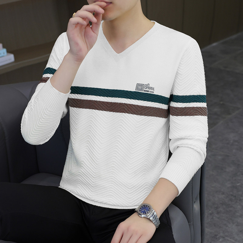 V领毛衣男薄款秋冬季韩版潮流条纹针织打底衫男士休闲套头羊毛衫