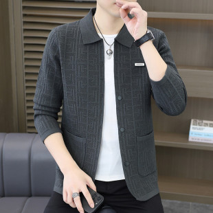 休闲翻领提花毛衣外套男装 春秋季 外穿上衣服 针织开衫 轻奢高端男士