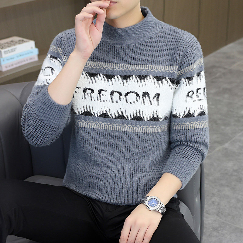 半高领金貂绒内搭提花毛衣男冬季