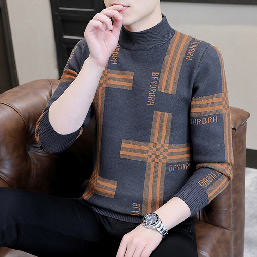 男士半高领毛衣男秋冬季加绒加厚