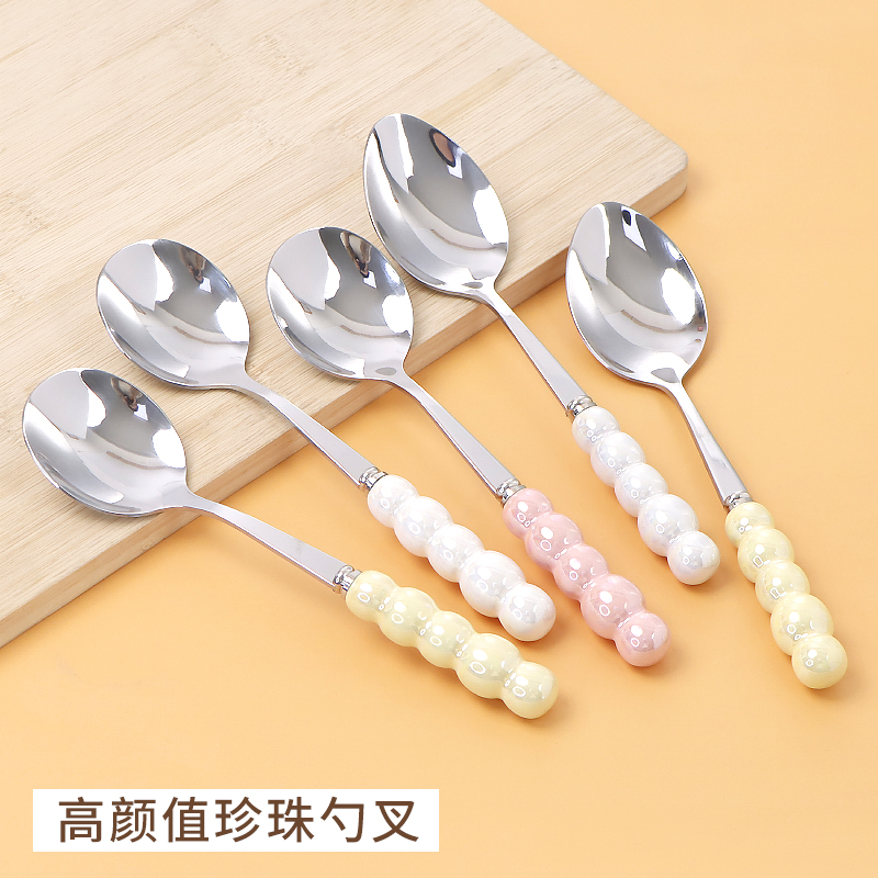 精致不锈钢勺子陶瓷手柄拌饭勺