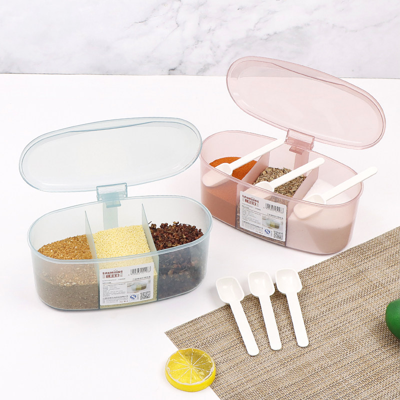 磨砂半透明调料盒椭圆形三格一体佐料盒装盐糖味精的盒子按压开盖