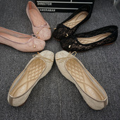 韩版 镂空 平底方头女鞋 2024夏季 蝴蝶结软底蕾丝单鞋 大码 透气鞋 女