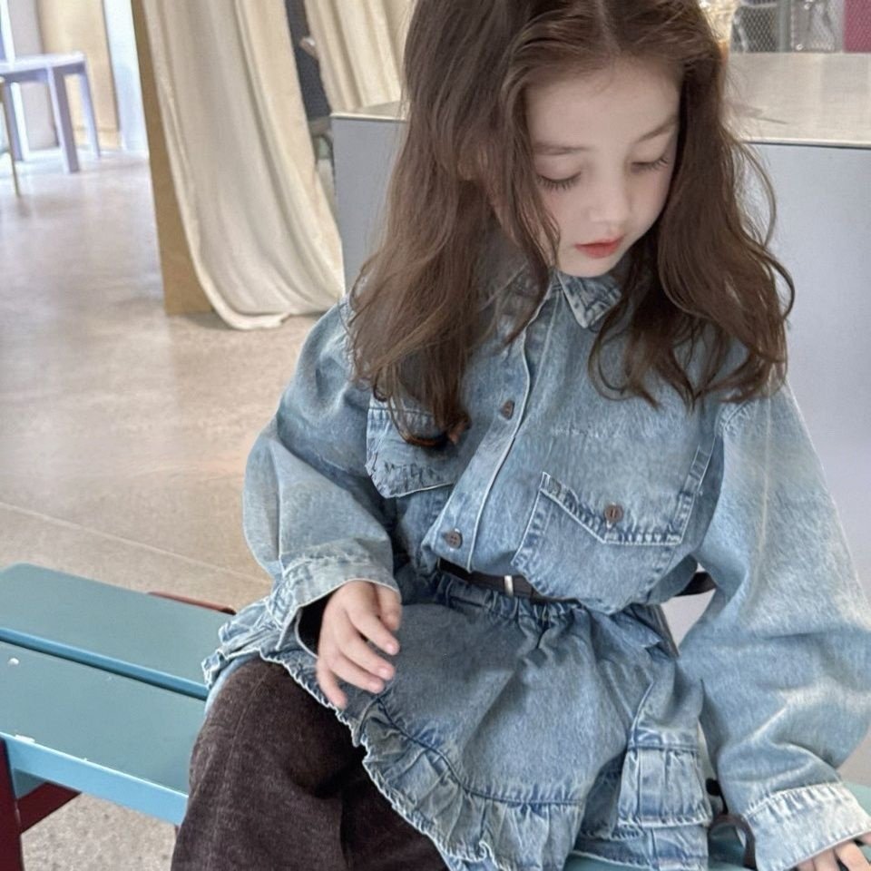 女童外套牛仔衬衫外套秋冬季2025新款花边衬衣中长款儿童上衣冬装